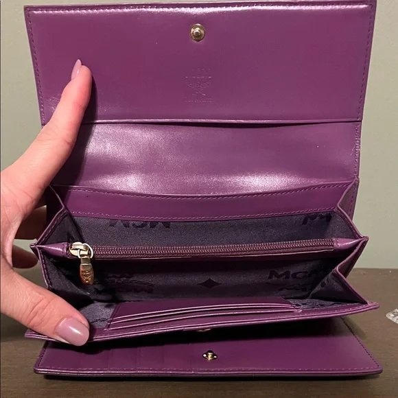 MCM Plum Dark Purple Leather Long Wallet with Two Tone Gold and Silver Logo - Picture 10 of 14